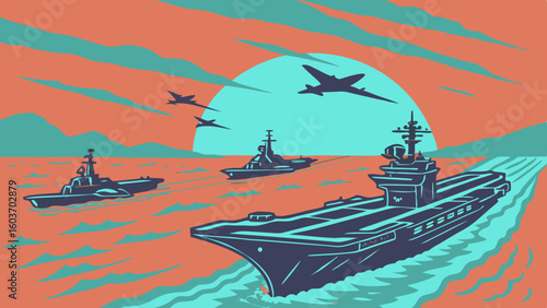 Naval Fleet at Sunset with Warships and Fighter Jets Over Ocean Horizon