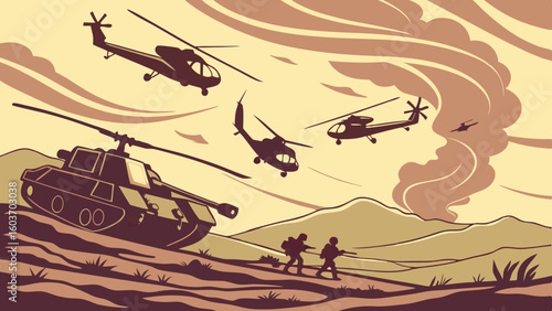 Military Helicopters and Tank in Dramatic Battlefield Scene