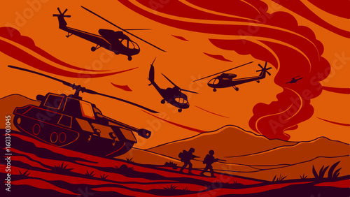 Dramatic Military Battlefield Scene with Tanks Helicopters and Jet over Smoky Mountains