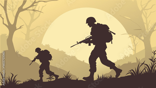 Soldiers Walking at Sunset in War Zone Landscape