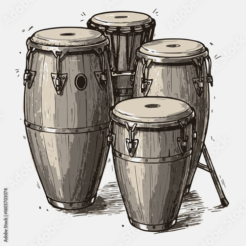 Afro-Cuban Percussion: Hand-Drawn Conga Drums Set Vector Art for Music & Culture