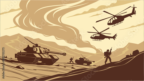 Military Tanks and Helicopters in Coordinated Battlefield Operation