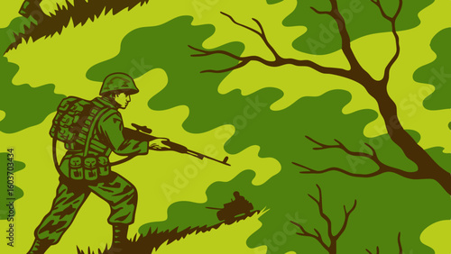 Soldier in Camouflage Moving Through Forest Tactical Scene