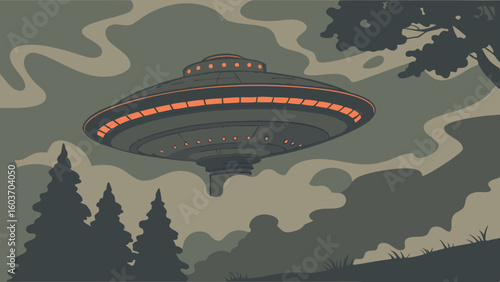 Mysterious UFO Over Pine Forest Under Stormy Sky