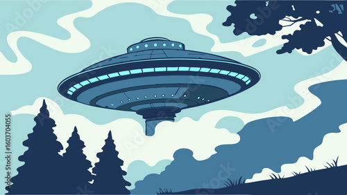 Mysterious UFO Hovering Over Forest Under Swirling Night Sky
