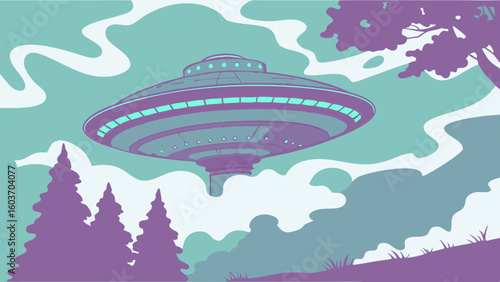 Mysterious UFO Over Forest Under Surreal Night Sky