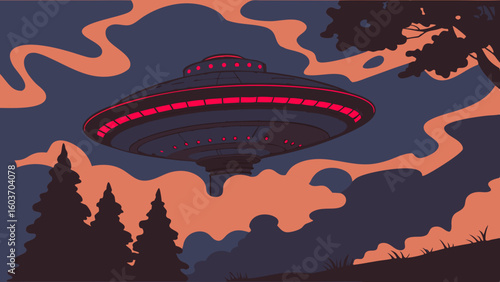 Mysterious UFO Sighting Over Forest with Glowing Red Lights