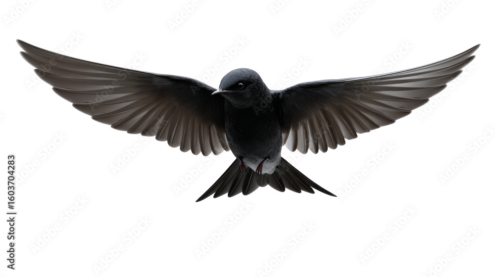 Fototapeta premium Black bird with spread wings flying isolated, transparent background