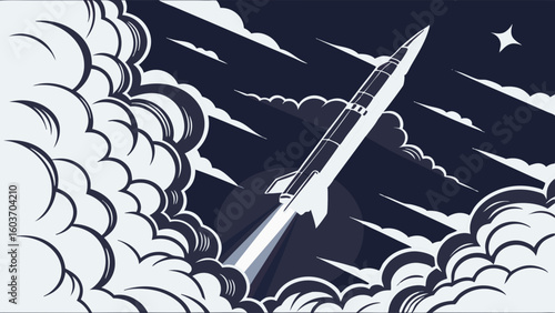 Stylized Rocket Launch Graphic: Dynamic Space Liftoff with Smoke, Stars, and Propulsion