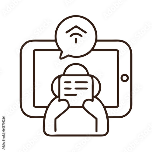 Patient Engages in Speech Therapy Practice Using a Digital Tablet in a Minimal Icon Design