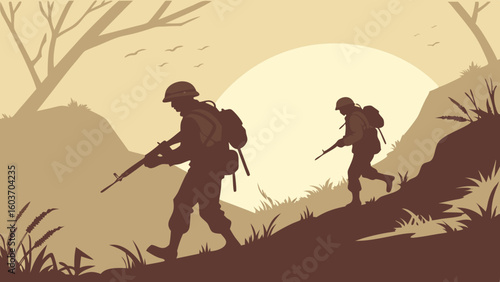Soldier Silhouette Military Combat Scene at Sunrise on Rugged Hill