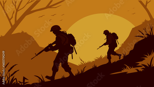 Dramatic Silhouette of Soldiers Marching Uphill at Sunset