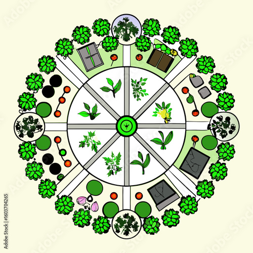 Permaculture Mandala Garden Design With Circular Layout Featuring Various Plants and Components
