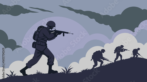 Moonlit Military Patrol Silhouette on Hill