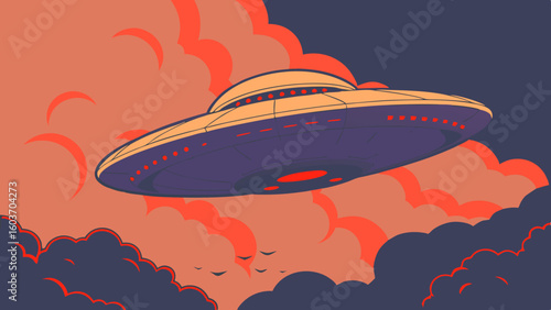 Mysterious UFO Flying Saucer Over Fiery Cloudscape
