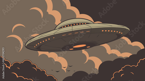 Mysterious UFO Flying Saucer Hovering in Dramatic Cloudy Sky