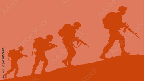Silhouetted Soldiers Marching Uphill: Epic Military Ascent Artwork