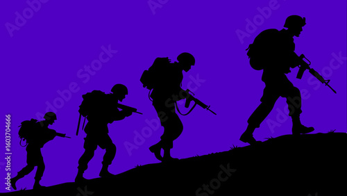 Tactical Soldier Silhouettes Marching Uphill on Vibrant Purple Backdrop