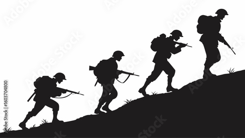 Silhouetted Soldiers on Hill Patrol - Military Team Uphill March