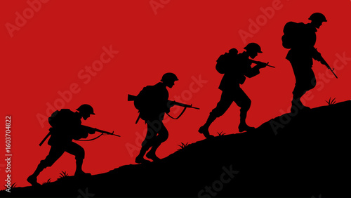 Silhouetted Soldiers Ascending Hill in Dramatic Red Battlefield