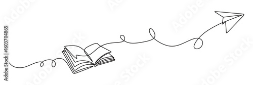 continuous line art of an open book and a flying paper airplane. learning and education concept