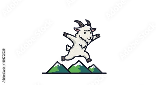 Joyful cartoon mountain goat leaping over stylized green peaks with snow caps.