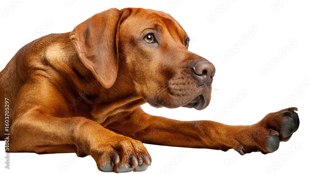 Obraz premium Loyal Companion: A majestic, muscular dog with a rich, reddish-brown coat, exuding loyalty and calmness, rests serenely, showcasing the essence of companionship.