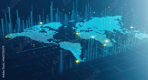Global digital network connectivity and data flow visualized across a glowing blue world map