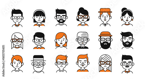 Diverse collection of stylized cartoon people icons with orange accents and black outlines