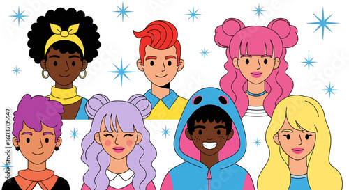 Diverse Group of Cartoon Characters with Unique Hairstyles and Expressions.