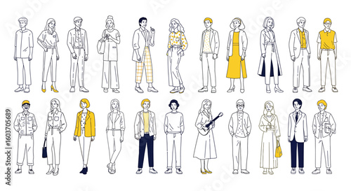 Diverse Line Art Illustrations of People in Various Modern Outfits