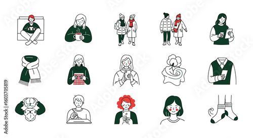 Illustrated Winter Scenes Featuring People, Accessories, and Cozy Activities.