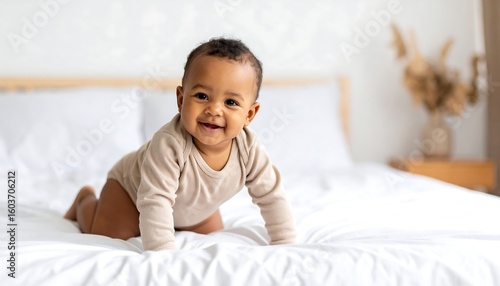 Wallpaper Mural Baby girl crawling on bed, smiling Torontodigital.ca