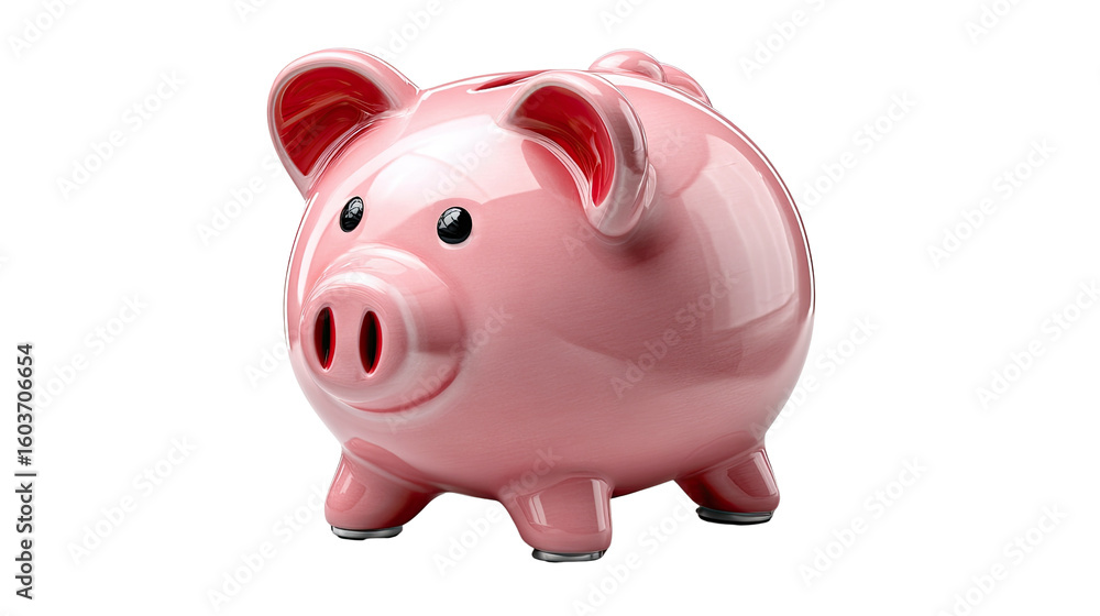 Fototapeta premium Pink Piggy Bank of Savings: A gleaming pink piggy bank, a classic symbol of saving and financial security, is presented in a studio shot. Capturing the essence of smart finance.