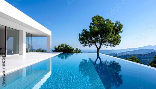 Luxurious modern villa with infinity pool overlooking scenic landscape on a bright day.