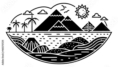 Stylized black and white landscape featuring mountains palms pyramids and sun in an oval shaped design created with generated ai
