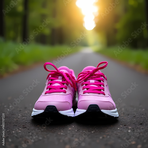 Breast Cancer Awareness, A pair of running shoes with pink laces on a park trail, representing a charity walk