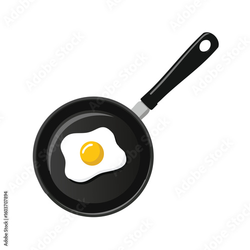 Frying pan with fried egg in flat cartoon vector illustration