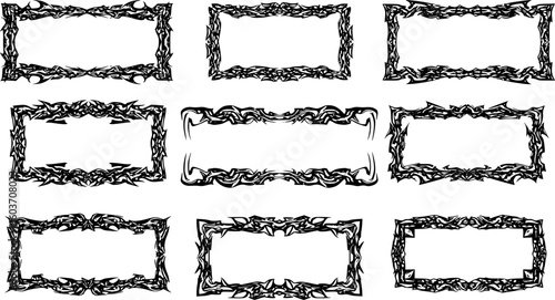 Neo Tribal Frames Set. Y2K Tattoo Borders. Vector Gothic Acid Rectangle Shapes in Cyberpunk 2000s Style

