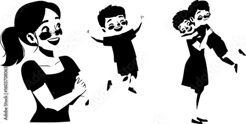 set of Mother having fun with her child vector illustration. Young mother and son spending time together. Mother lifting up her child.
