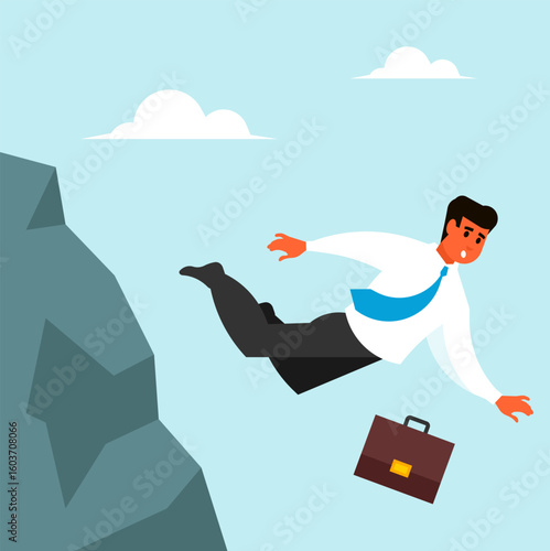 Vector illustration of a businessman falling off a cliff, representing business failure, economic downturn, risk, crisis, or bad decisions. Ideal for illustrating danger in finance, stress at work.