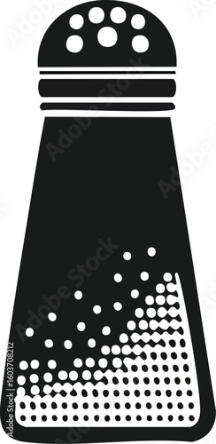 Vector icon of a tilted salt shaker with salt dots in black and white