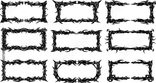 Neo Tribal Frames Set. Y2K Tattoo Borders. Vector Gothic Acid Rectangle Shapes in Cyberpunk 2000s Style
