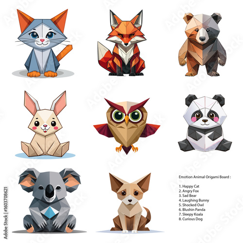 A premium vector icon set featuring eight adorable origami-style animals expressing different emotions. Includes both full-body and head-only versions. Perfect for UI kits, mobile stickers, social med