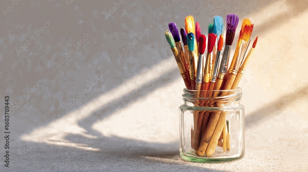 Obraz premium Assorted paintbrushes in a clear glass jar, set against a textured backdrop