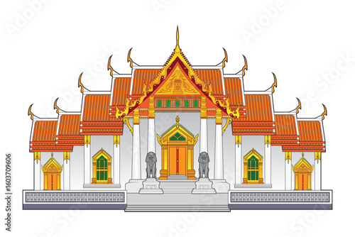 Bangkok Thailand symbol with famous beautiful marble temple Wat Benchamabophit Dusitvanaram drawing in colorful Illustration vector