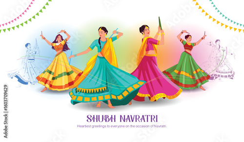 Vector illustration of beautiful Indian girls in traditional dress dancing on purple background. Navratri Festival Dance, Garba, Dandiya.
