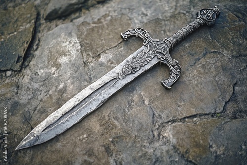 Ornate fantasy sword resting on rough textured stone surface