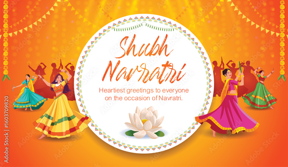 Naklejka premium Vector illustration of beautiful Indian girls in traditional dress dancing on purple background. Navratri Festival Dance, Garba, Dandiya. 