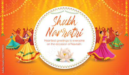 Vector illustration of beautiful Indian girls in traditional dress dancing on purple background. Navratri Festival Dance, Garba, Dandiya.
